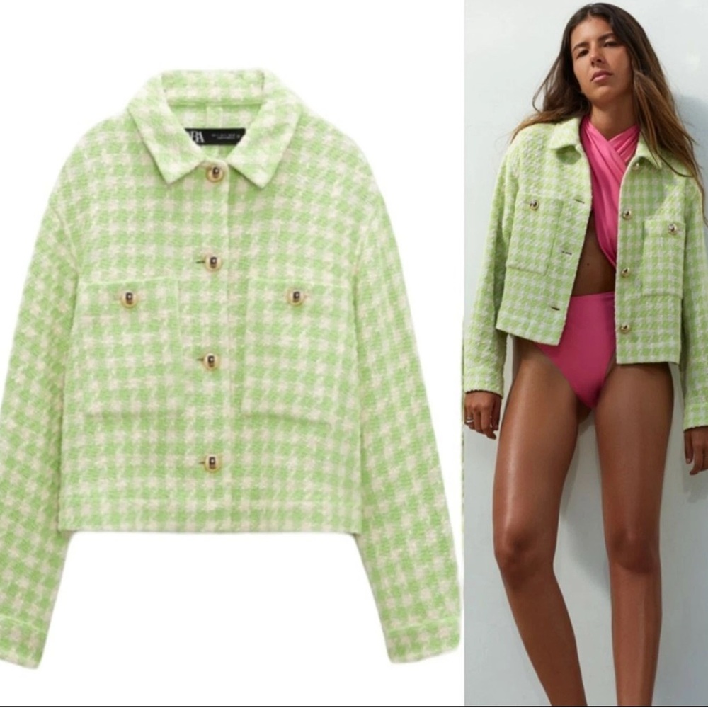 Zara Green White Houndstooth Tweed Gold Button Crop Jacket Blazer
